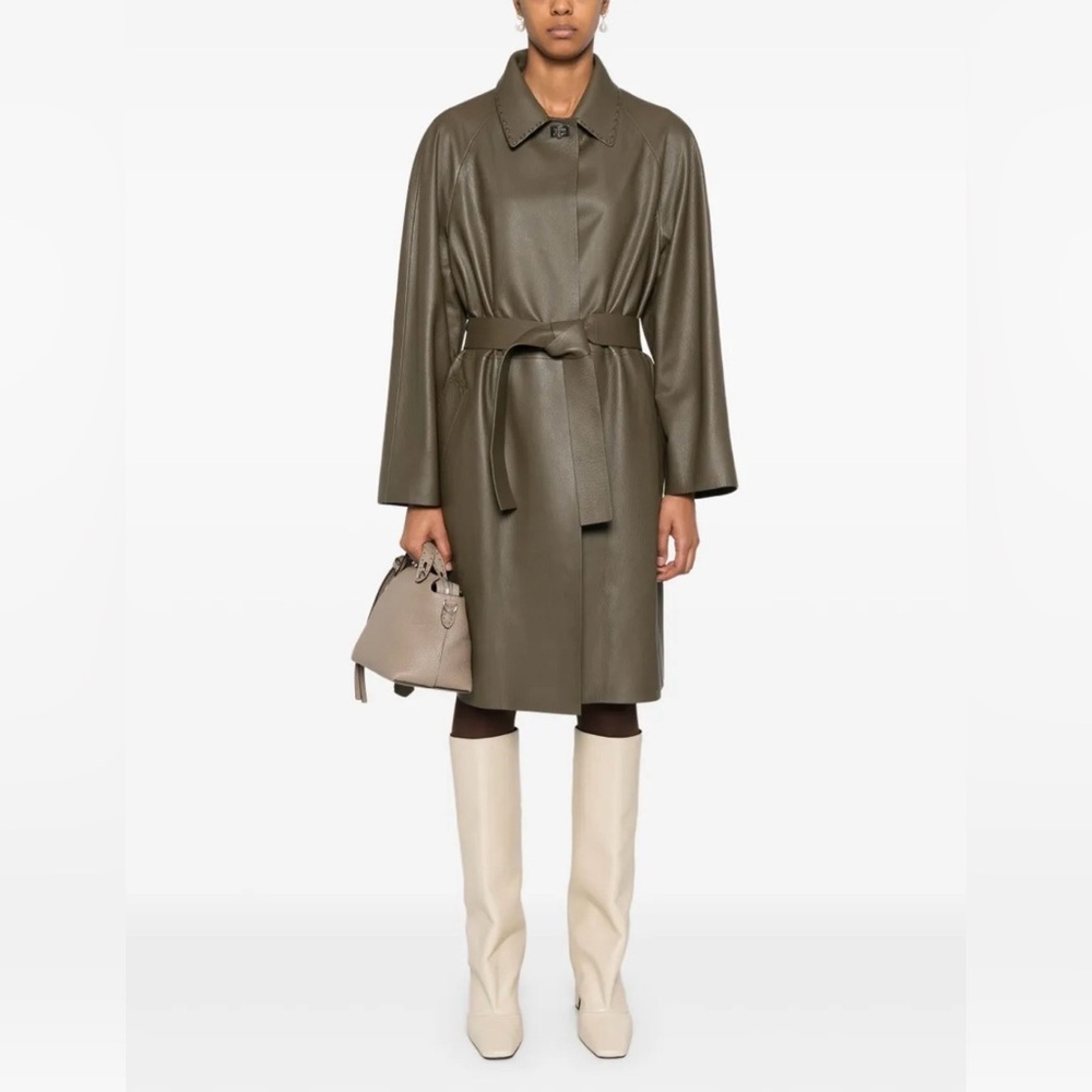 Fendi Lambskin Trench Overcoat - Olive Green/Brown - 38 / US 2 (XS) - Like New
